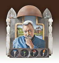 John Gamache: 'Artist Remebering Ancesters', 2010 Assemblage, Representational. Old architectual wood, cut out layered wood painted portrait, hinged, to reveal paintig of ancestrial castle. ...