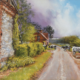 John Gamache: 'Entree dans d orage entrant Sous Marquese', 2016 Oil Painting, Landscape. Artist Description:  Oil on Linen 12 x 24 - Old country farm with stone barn in FR - storm coming - cows heading for shelter in the barn - dirt road - very provincial ...