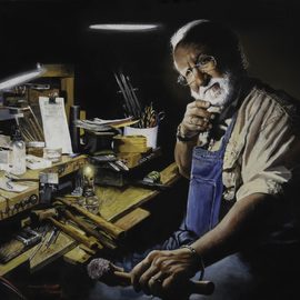 John Gamache: 'joel bagnal the goldsmith', 2017 Oil Painting, Portrait. Artist Description: Goldsmith - creating custom piece for customer - in gallery workshop overnight - commission...