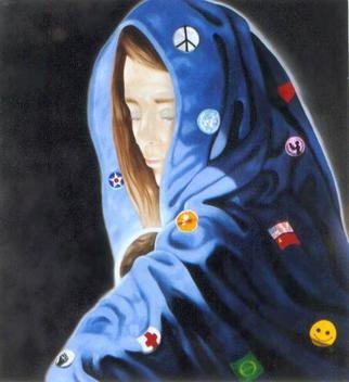 James Gwynne: 'Madonna of the Patches', 1985 Oil Painting, Christian. In the Christian tradition of paintings ofthe Madonna and Child, this version focuses on the popularity of patches worn by young people in the 70s...