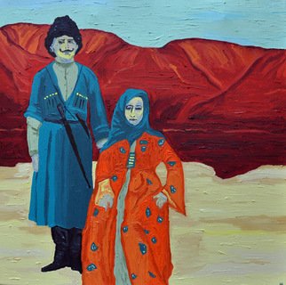 Jaime Hesper: 'Dzhigit Family', 2012 Oil Painting, Expressionism.  Dagestan,  portrait of rural couple, expressionist, bold, colorful, Central Asian, Former soviet union,  inspired by vintage photo, color,  history, reds, turquoise prominent colors. Part of a set with The Boss of Bukhara listed here.         ...