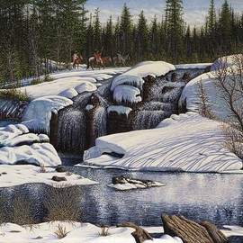 James Hildebrand: 'Spring Thaw', 2016 Oil Painting, Landscape. Artist Description: Crow Indians on a Hunting Trip in Montana 1830 ...