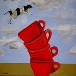 A Cow Jumps Over Four Coffee Cups By Jim Lively