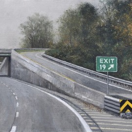 James Morin: 'exit 19', 2022 Oil Painting, Cityscape. Artist Description: On an empty highway and EXIT 19 - which leads who knows where. ...