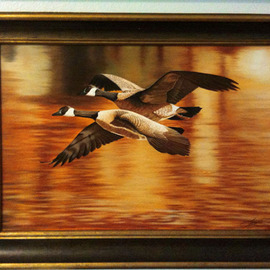Jimmy Wharton: 'Golden Pond', 2008 Oil Painting, Famous People. Artist Description:      Geese flying over water                   ...
