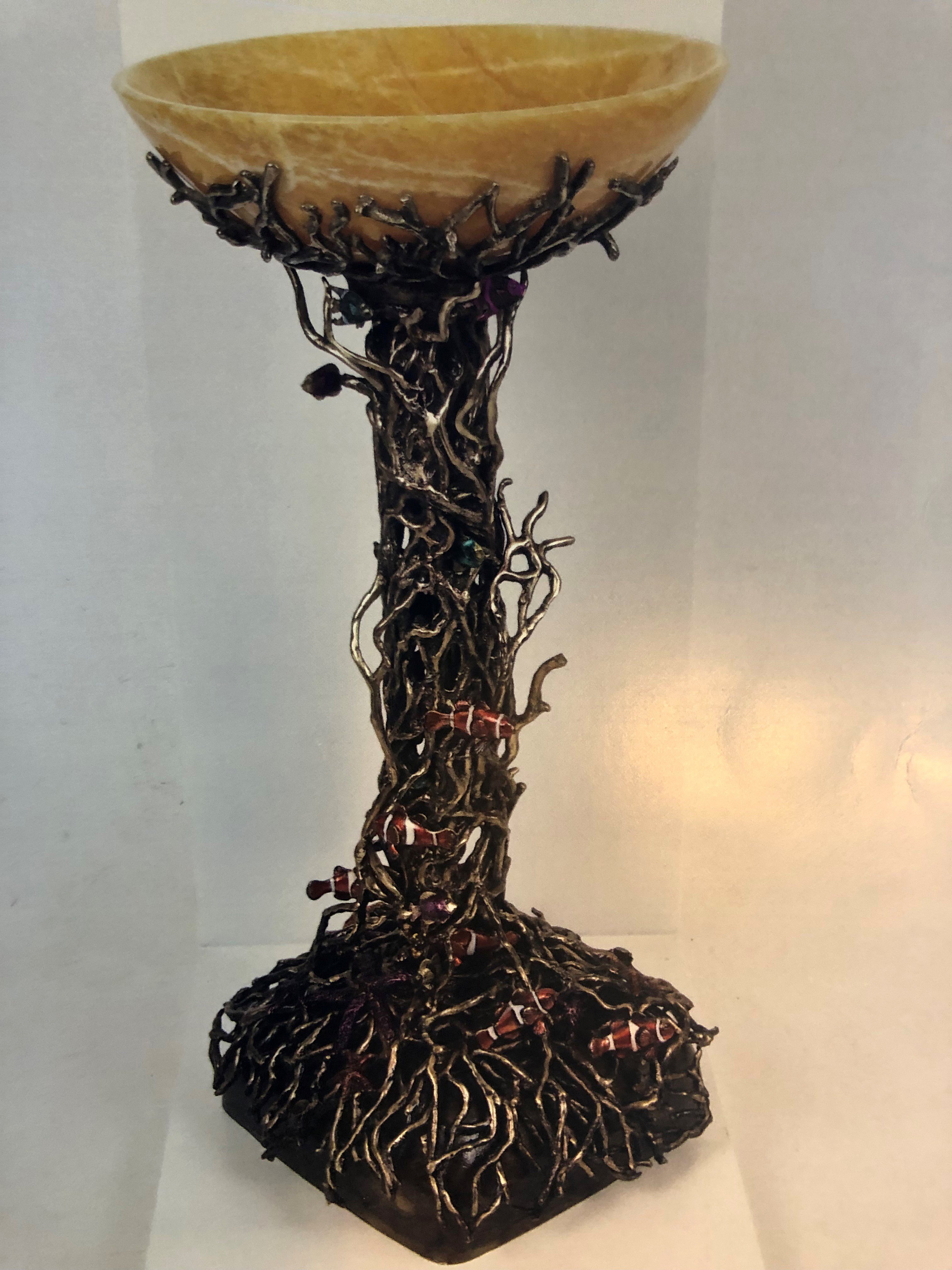 Joe Jumalon: 'Neptunes Palace', 2019 Bronze Sculpture, Mythology. The Neptunes Palace pedestal with bowl is a limited edition of exquisite functional art.  This multi- purpose honey onyx bowl mounts on lavish solid cast bronze pedestal with intricately hand cast sea creatures throughout that are hand painted by the artist.  Note All cast bronze art pieces will vary slightly ...