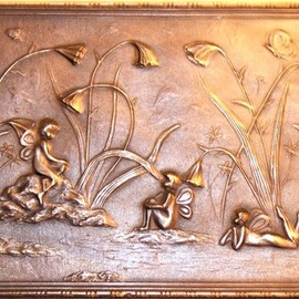 Joe Jumalon: 'fairies and flowers', 2019 Bronze Sculpture, Fantasy. Artist Description: This cast solid metal art beautifully depicts fairies and flowers in the spring time.  Each piece is hand cast and finished.  Note All cast metal art pieces will vary slightly in color and or pattern, so no two will be identical, making each piece a one- of- a- ...