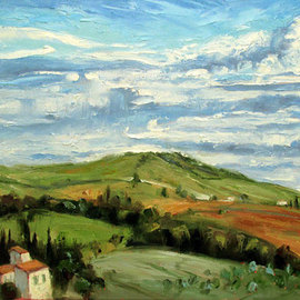 John Maurer: 'a tuscan sky', 2017 Oil Painting, Landscape. Artist Description: One of the many, beautiful views I experienced along the Chianti Trail in Tuscany.  Near San Gimigniano.  Painted on canvas using palette knives and brushes.  Includes a brushed silver floater frame. ...