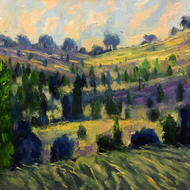 John Maurer: 'provence fields', 2018 Oil Painting, Landscape. Artist Description: One of the mostpaintableplaces I ve visited is southern France, most importantly, Provence.  Particularly the beautiful lavendar fields and vineyards.  This piece is painted on canvas using palette knives and brushes.  Includes a brushed silver floater frame. ...