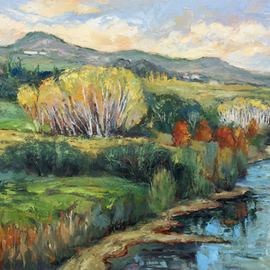 John Maurer: 'river serchio lucca italy', 2019 Oil Painting, Landscape. Artist Description: Painted from a sketch and photo taken while traveling in Tuscany.  Oil on canvas.  Framed in a brushed silver floater frame with black sides. ...