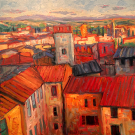 John Maurer: 'rooftops of siena', 2020 Oil Painting, Landscape. Artist Description: Painted from a sketch and photo taken while traveling in Tuscany.  Oil on canvas.  Framed in a brushed silver floater frame with black sides. ...