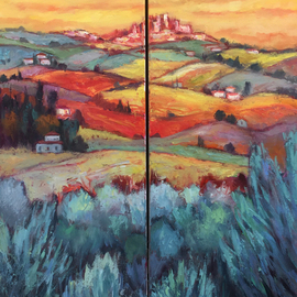 John Maurer: 'san gimigniano diptych', 2020 Oil Painting, Landscape. Artist Description: Painted from a sketch and photo taken while traveling in Tuscany.  Oil on canvas.  Framed in a brushed silverfloaterframe with black sides. ...