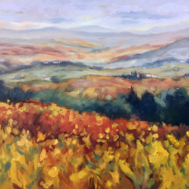 John Maurer: 'tuscan haze', 2020 Oil Painting, Landscape. Artist Description: Painted from a sketch and photo taken while traveling in Tuscany.  Oil on canvas.  Framed in a brushed silverfloaterframe with black sides. ...