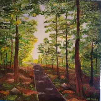 Jo Allebach: 'bike path', 2019 Acrylic Painting, Landscape. The forest is such a lovely place to take a bike ride on the path. The dappled sun keeps it just the right temperture for a delightful day. ...