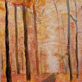 Jo Allebach: 'foggy autumn morn', 2019 Acrylic Painting, Landscape. Artist Description: The cool foggy morning is in contrast to the brilliance of the golden and orange leaves of fall. Take a walk down the path and find out what is beyond the fog. ...