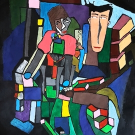 Joe Scotland: 'not happy', 2018 Acrylic Painting, Figurative. Artist Description: I enjoy doing cubism its usually my ideas but I have had inspiration artists such as Picaso. I used acrylics on this picture because it drys quicker. the Picture is for sale its done on quality paper.The picture is about two unhappy guys they each think that ...