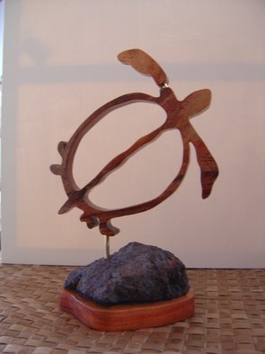 Joel P Heinz Sr.: 'Petroglyph Honu', 2007 Wood Sculpture, Culture.  Honu is carved from Hawaiian Koa and is mounted on a lava and Koa baise. Petroglyphs are carved into the lava. ...