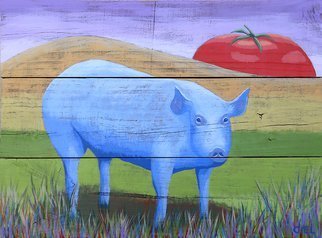 John Cielukowski: 'blue pig', 2018 Acrylic Painting, Animals. Original Acrylic Painting on vintage pine fence board...