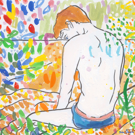 John Douglas: 'Poolside', 2015 Other Painting, People. Artist Description:  ink and gouache on paper. From a series Nature of Men.Nature of Men llcalendar 