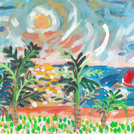 John Douglas: 'rred boat blue sea', 2016 Other Painting, Seascape. Artist Description: Sunset, Sri Lanka.Gouache, pen, newspaper collage on paper. From life. ...