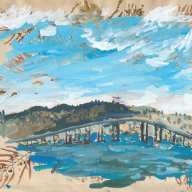 John Douglas: 'tasman bridge', 2015 Other Painting, Landscape. Artist Description: Tasman Bridge, Hobart, Tasmania, Australia.Gouache on a magazine page. From life. ...