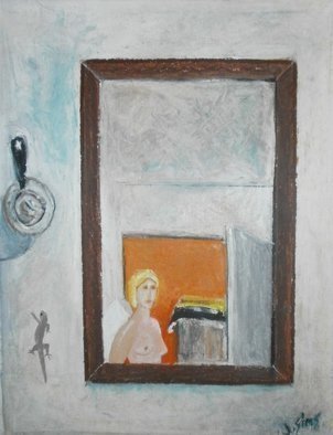 John Sims: 'angel in my room cyprus', 2010 Oil Pastel, Interior. With the help of Cyprus Brandy I spotted this Angel in the mirror hanging in my room at the Cyprus College of Art in Lemba. Oil Pastel on paper...