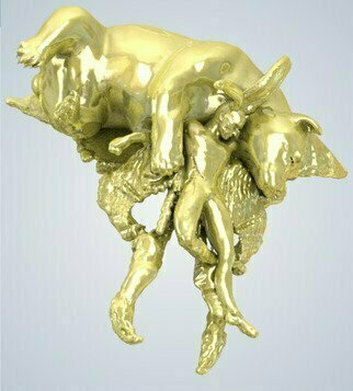 James Johnson: 'Bear and Mothman Rest', 2021 Other Sculpture, Figurative. Free shipping within the continental USA.  Gold plated bronze.  An ancient and contemporary myth join forces to caution us, They have been working over- time and now they must rest.  