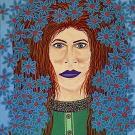 Jorge Gonzalez: 'le jardin de meduse', 2024 Acrylic Painting, Figurative. Artist Description: The image is of a painting portraying a red- haired woman with blue eyes who is wearing a green top. Adornments such as a purple- beaded necklace and flowers in her hair, with the flowers mainly being blue with red centers, are also depicted. The image does not ...