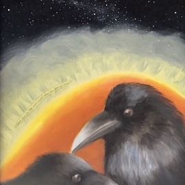 Joy Livingston: 'Heartbeats', 2022 Oil Painting, Abstract Figurative. Artist Description: aEURoeClear starsIn the cold night after the planesaEURtm roaraEURHideno Ishibashi My current series highlights ravens, and  poetry is an inspiration.  Influences include Romanticism and Expressionism. ...