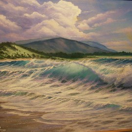 Joseph Porus: 'A Special Light', 2000 Oil Painting, Seascape. Artist Description:      Oil on canvas. The light in this painting ignites the distant hills andis also captured in the translucent wave. The light forms a connecting bridge between land and sea and sky. ...