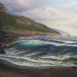 Joseph Porus: 'Cold Front', 2006 Oil Painting, Seascape. Artist Description:        Oil on stretched fine canvas. Dramatic rocky coast and major wave. you can feel the chill in the air as a cold front brings in a fresh set of storm waves ...