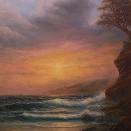 Joseph Porus: 'Lone Oak', 1996 Oil Painting, Seascape. Artist Description:       Oil on canvas. Everyone knows the Lone Cypress on 17 Mile Drive. . . but this Lone Oak exists only in the imagination. Sunset effects enhanced with home ground paints and glazing techniques ...
