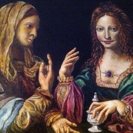 Joseph Porus: 'Mary Sees The Light', 2012 Oil Painting, Portrait. Artist Description:   Oil on linen. This painting from the High Reniassance depicts Mary's conversion. Notic how she is repeating the gesture of pointing toward heaven while leaving some expensive jewelry behind on the table                             ...