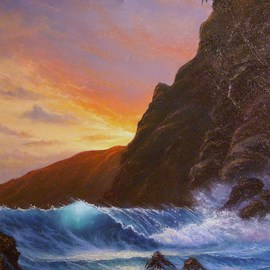 Joseph Porus: 'Maui Magic', 2006 Oil Painting, Seascape. Artist Description:    Peaceful Sunset from Maui. Lush mountains frame a breaking wave. Rocky shore and beach, translucent water and detailed ocean foam and spray   ...