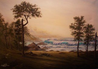 Joseph Porus: 'My Favorite Place', 2001 Oil Painting, Seascape.    Oil on canvas. Dramatic scene of distant surf through an inviting woodlad. Fog shrouded distant hills with the softest of filteres light.   ...