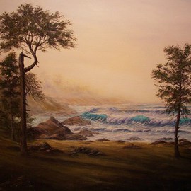 Joseph Porus: 'My Favorite Place', 2001 Oil Painting, Seascape. Artist Description:    Oil on canvas. Dramatic scene of distant surf through an inviting woodlad. Fog shrouded distant hills with the softest of filteres light.   ...