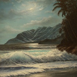 Joseph Porus: 'Night Music', 1997 Oil Painting, Seascape. Artist Description:       Oil on fine canvas.  There is something about the ocean at night. It just sounds different. Luring but pretty scary at the same time. This work is bathed in moonlight. Multiple glazes create translucent efect in the waves and foam ...