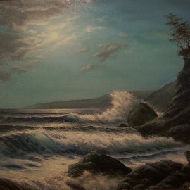 Joseph Porus: 'Night Watch', 2001 Oil Painting, Seascape. Artist Description:   Oil on canvas.  The moonlight explodes across this night sky  and bounces through the translucent wave and onto the seafoam. Glazing and the use of old master's mediums make colors more saturated and reflective through the many levels of pigment ...