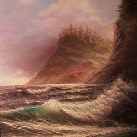 Joseph Porus: 'Northwest Breakers', 1995 Oil Painting, Seascape. Artist Description:     Oil on canvas. Taken from the Pacific Northwest coastline. This was inspired by E Garin and done in that style with a trist of course. Cuntrast of coastline hues and fragile ocean colors are more striking. Cooler sunset adds drama stage left ...