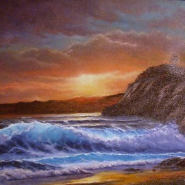 Joseph Porus: 'Special Moment', 2002 Oil Painting, Seascape. Artist Description:     Peaceful Sunset from Hawaii. Lush mountains frame a breaking wave. Rocky shore and beach, translucent water and detailed ocean foam and spray    ...