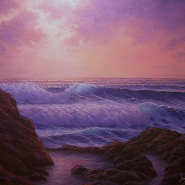 Joseph Porus: 'Special moment', 1998 Oil Painting, Seascape. Artist Description:  Oil on canvas. Delicate sunset using glazing and diffused light. Rocky shore and beach contrast the softer sky and sea to achieve a great balance    ...