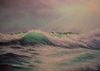 Joseph Porus: 'Sudden Clearing', 2003 Oil Painting, Seascape.     Oil on fine canvas. The rays of the sun have just broken through the clouds producing a unique side- lit effect of a cresting wave. Translucent tropical water sparkles and the spray off the wave glints in the fresh light ...