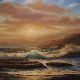 Joseph Porus: 'Sunset on the Left Coast', 1995 Oil Painting, Beach. Artist Description:  Oil on fine canvas. Dramatic sunset and transparent glazing techniques ...