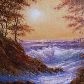 Joseph Porus: 'Woodland Waves', 2008 Oil Painting, Seascape. Artist Description:   Peaceful Sunset and woodland scene frame a breaking wave. Rocky shore and beach, translucent water and detailed ocean foam and spray  ...