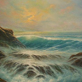 Joseph Porus: ' Eye of the Wave', 1995 Oil Painting, Seascape. Artist Description:   Oil on canvas. Filtered light through a near breaking wave capturing that perfect moment. Trickling water over the rocks creates the sense of movement. ...