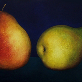 Judyta Bil: '4 pears on ultramarine', 2008 Oil Painting, Still Life. Artist Description:  Beautiful texture and light for a dramatic look . ...