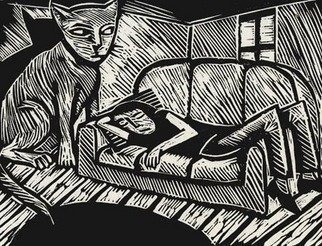 Julian Dourado: 'Cat and Sofa', 1996 Linoleum Cut, Surrealism. A graphic demonstration of what sometimes happens when you fall asleep on a Sunday afternoon after a heavy meal.  Themes Surrealism, expressionism, cat, sofa, sleep, dream. ...