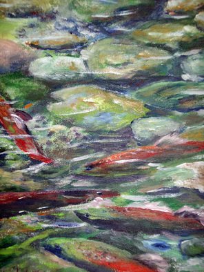 Julie Van Wyk: 'salmon migration on taylor creek', 2011 Acrylic Painting, Landscape.      taylor creek on west side of lake tahoe   painted on masonite     ...