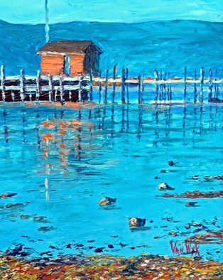 Julie Van Wyk: 'tahoe boathouse', 2011 Oil Painting, Landscape.               west shore near the y at tahoe city on commons beach                              ...