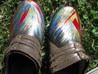 Liz Chambers: 'Hand painted Abstract Frye Brown Leather Clogs 6M', 2013 Leather, Abstract.  NEW- with tag- Frye brand Brown Distressed Leather Women's Clogs- Size: 6MBold abstract done with Acrylic paint in Icy Blue( Metallic) , Red, Gold( Metallic) ...